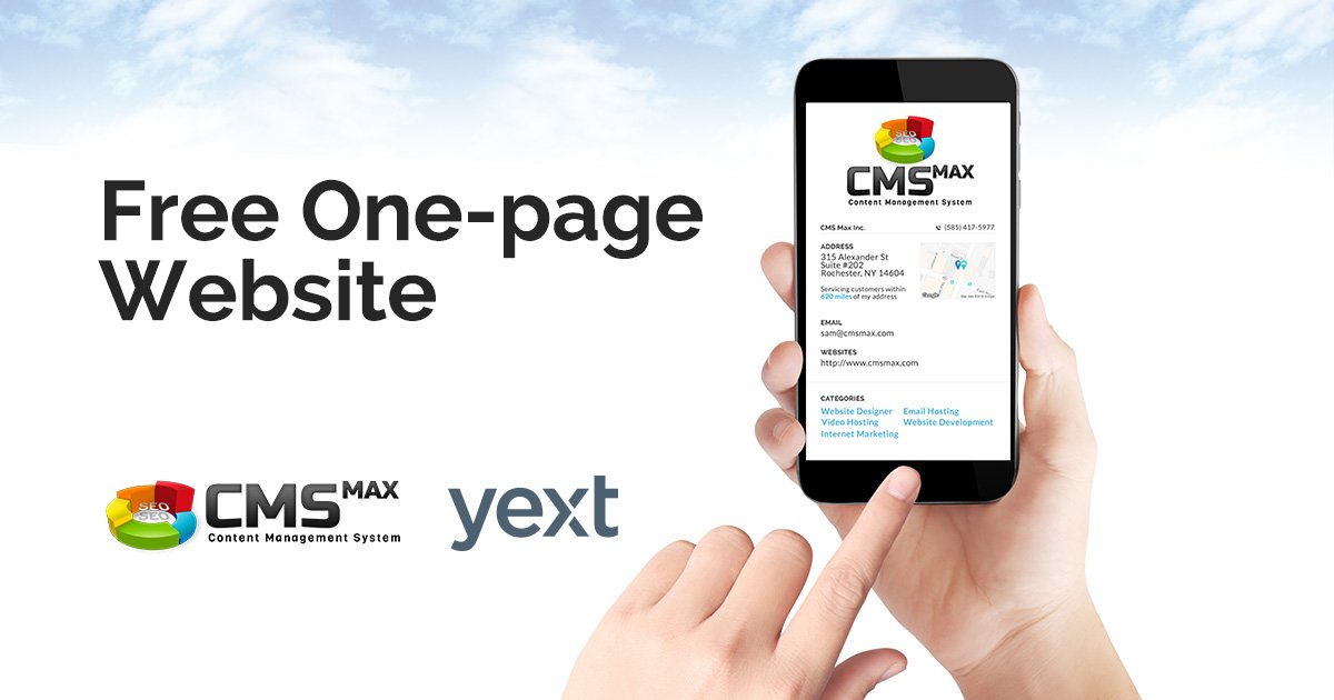Являетесь ли вы новым бизнесом, предпринимателем / работающим не по найму профессионалом, или просто хотите расширить свой охват и услуги, CMS Max предлагает бесплатный одностраничный веб-сайт, который автоматически генерируется информацией на вашем   Yext Knowledge Network   ,  Каждый сайт разрабатывается и разрабатывается автоматически на основе информации о вашей компании, чтобы вы выглядели профессионально и были готовы к легкой индексации с помощью Google и других основных поисковых систем