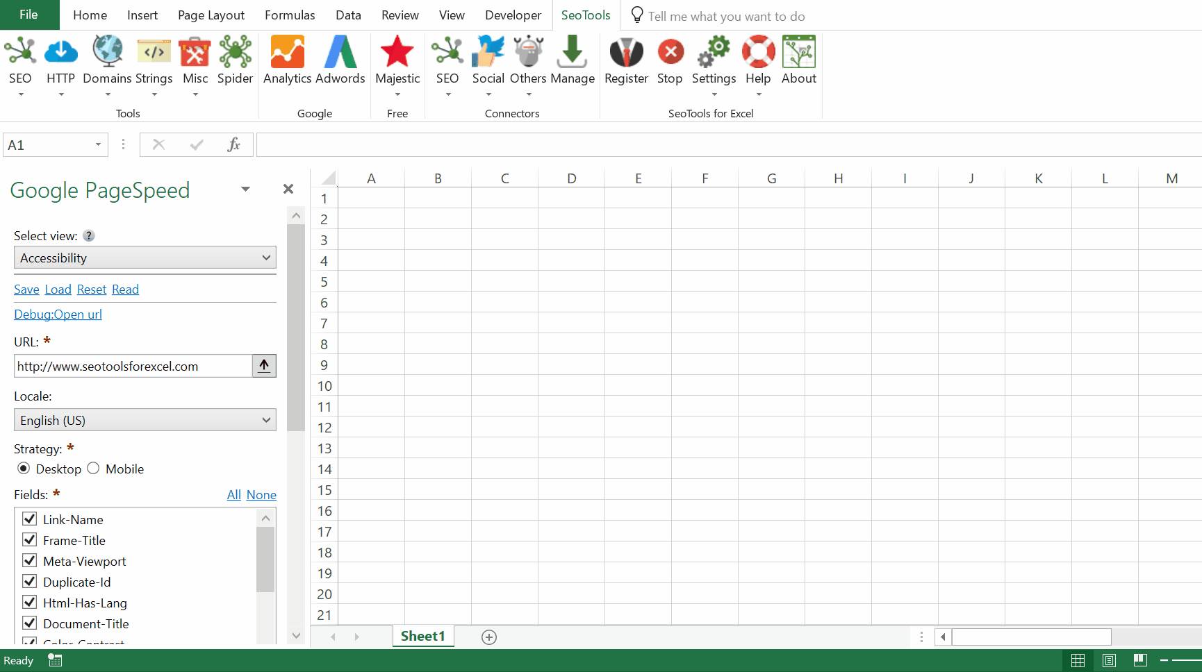 Цель   С использованием   Google PageSpeed   Connector в SeoTools позволяет легко тестировать ваши страницы на предмет проблем с производительностью непосредственно в Excel