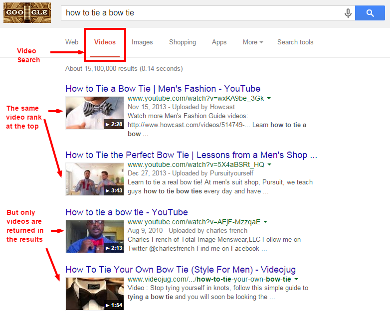 В качестве альтернативы поисковик может специально искать видео, и в этом случае он может использовать опцию поиска Google Video, которая показана ниже для того же термина поиска «как завязать галстук-бабочку»